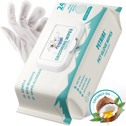 Dog Wipes Cleaning Deodorizing Glove Wipes for Dogs & Cats, 24 Pcs, Coconut Scent, Hypoallergenic Hydrating & Nourish Fur Pet Grooming Glove Wipes, Daily Care & Traveling