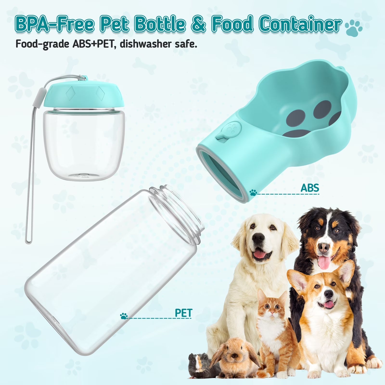 Dog Water Bottle with Food Container, 18.6Oz Pet Dispenser Cup, Detachable 5.7Oz Food Container, Portable Leak-Proof Water Bottle with Lock, Blue