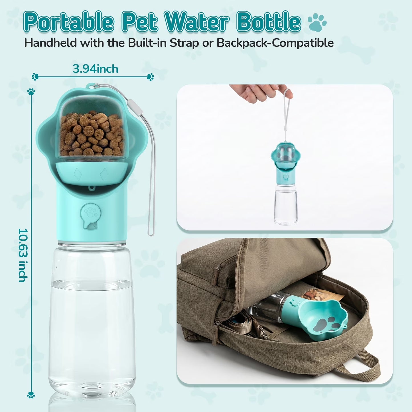Dog Water Bottle with Food Container, 18.6Oz Pet Dispenser Cup, Detachable 5.7Oz Food Container, Portable Leak-Proof Water Bottle with Lock, Blue