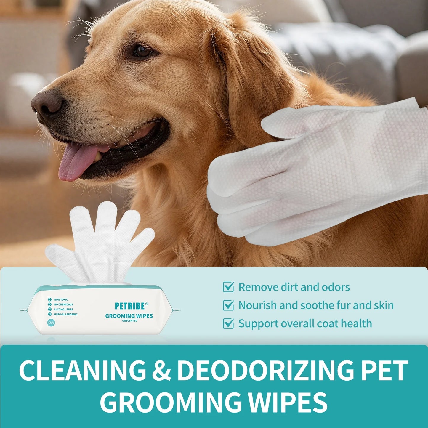 Dog Wipes Cleaning Deodorizing Glove Wipes for Dogs & Cats, 24 Pcs, Coconut Scent, Hypoallergenic Hydrating & Nourish Fur Pet Grooming Glove Wipes, Daily Care & Traveling