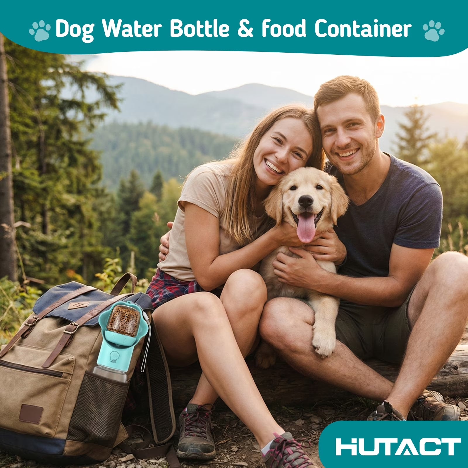 Dog Water Bottle with Food Container, 18.6Oz Pet Dispenser Cup, Detachable 5.7Oz Food Container, Portable Leak-Proof Water Bottle with Lock, Blue