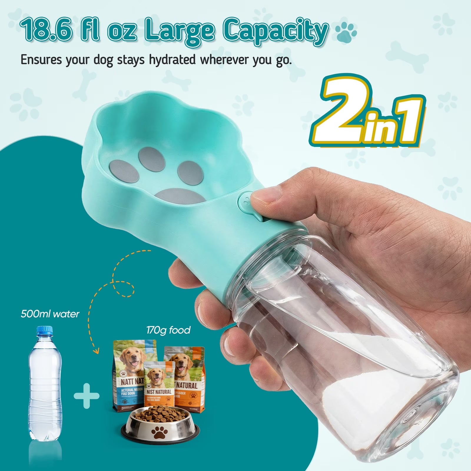 Dog Water Bottle with Food Container, 18.6Oz Pet Dispenser Cup, Detachable 5.7Oz Food Container, Portable Leak-Proof Water Bottle with Lock, Blue