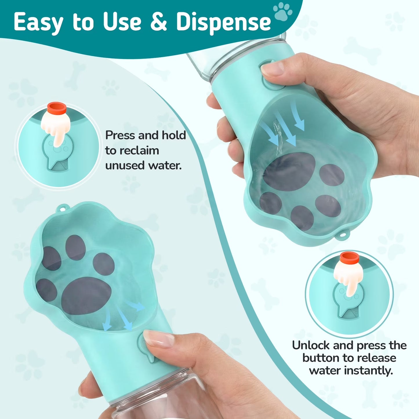 Dog Water Bottle with Food Container, 18.6Oz Pet Dispenser Cup, Detachable 5.7Oz Food Container, Portable Leak-Proof Water Bottle with Lock, Blue