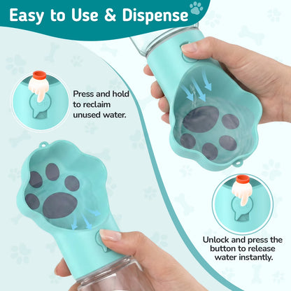Dog Water Bottle with Food Container, 18.6Oz Pet Dispenser Cup, Detachable 5.7Oz Food Container, Portable Leak-Proof Water Bottle with Lock, Blue